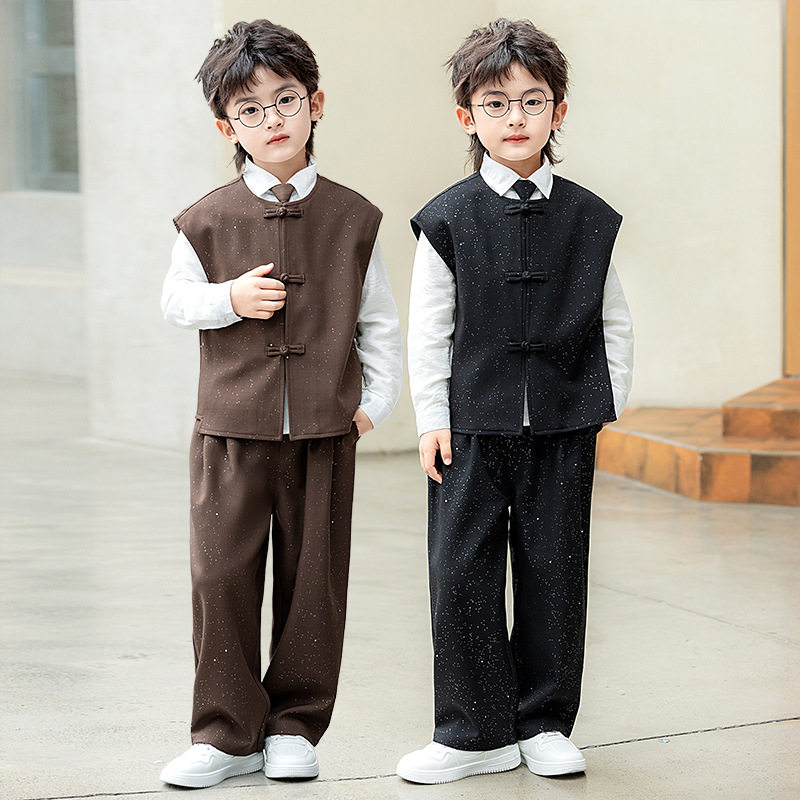 儿童马甲套装男童亮片复古新中式西装中国风唐装主持花童走秀礼服
