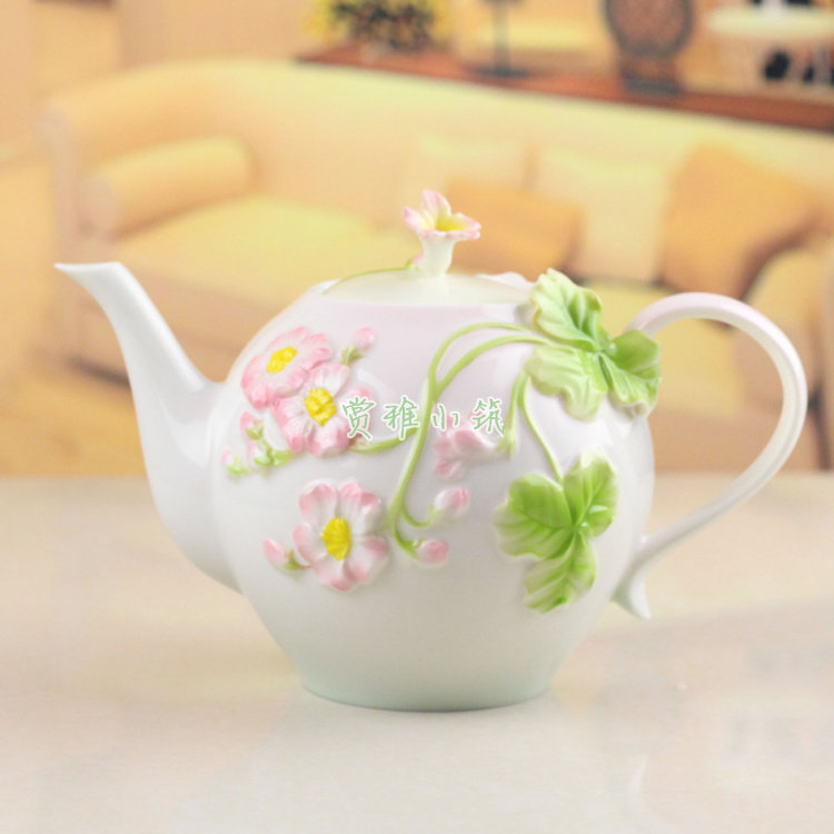 陶瓷茶壶开水壶咖啡壶釉下彩花茶壶浮雕家用手冲大容量奶茶壶包邮