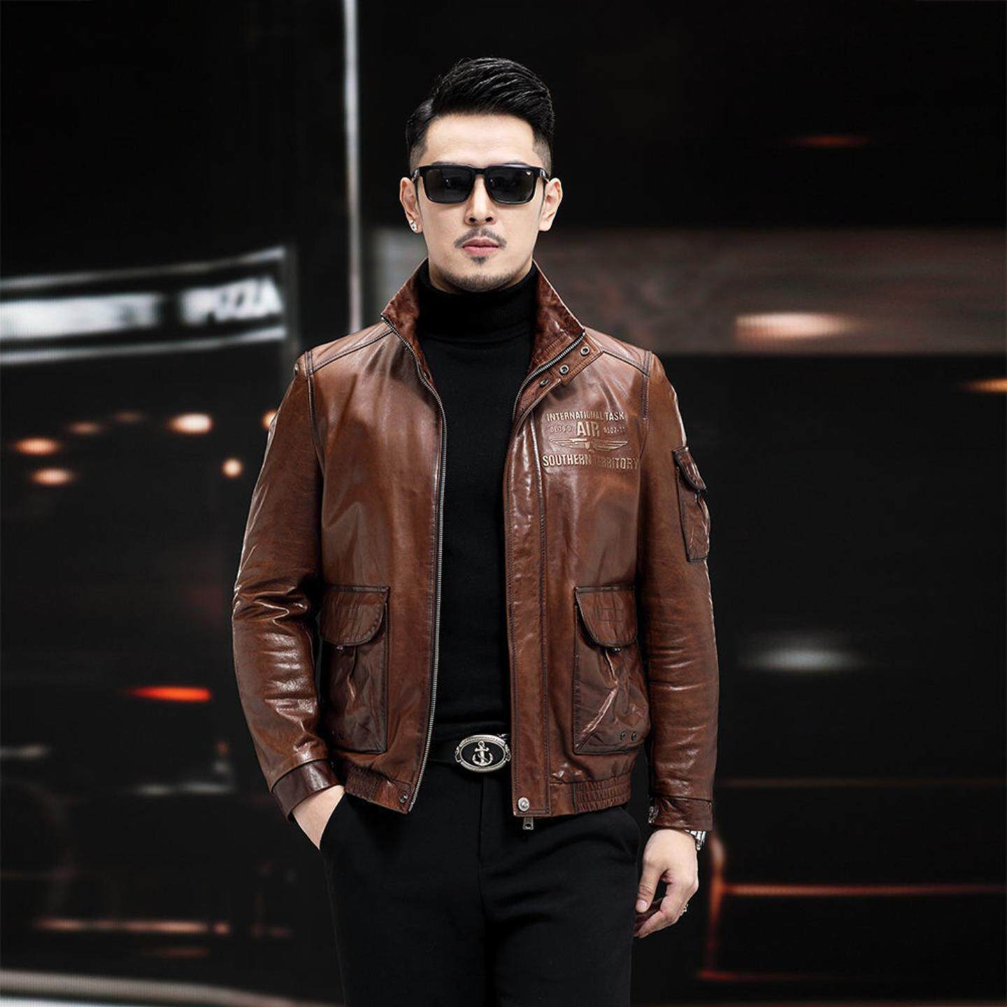 海宁新款新西兰进口油蜡羊皮真皮夹克外套时尚休闲潮