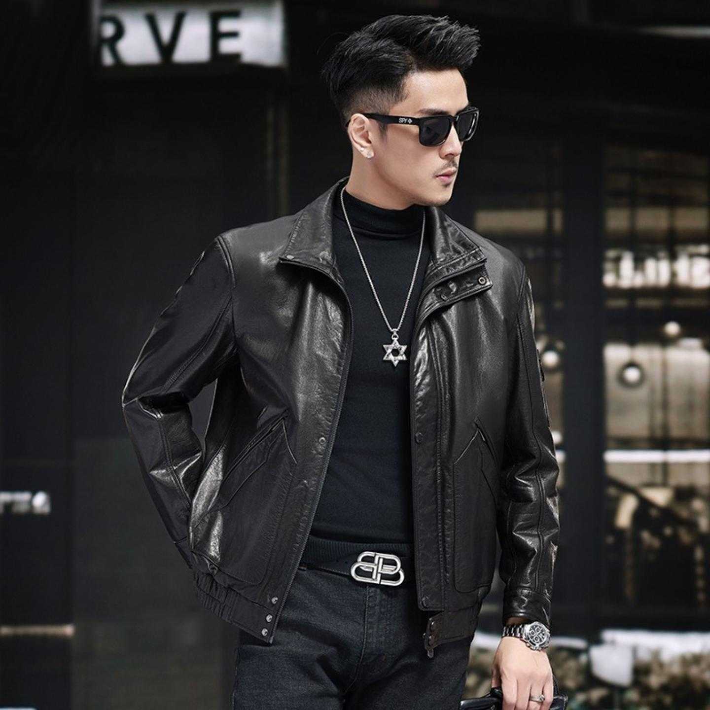 【普洛克】新款 真皮皮衣男宽松头层牛皮皮夹克羽绒服立翻领美式
