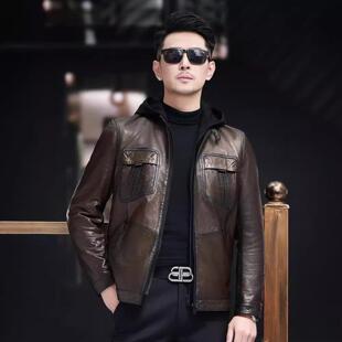 新款真皮皮衣男可拆卸连帽短款纯绵羊皮夹克休闲薄款外套机车复古