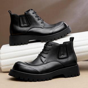 普洛克正品丁靴男款秋冬新款真皮厚底增高皮鞋高帮大头牛皮工装靴