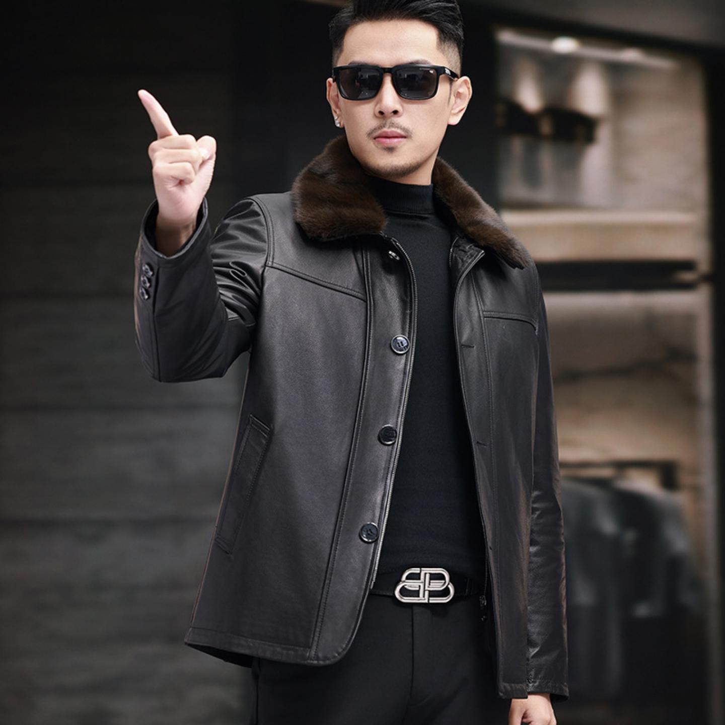 普洛克正品款男士头层牛皮夹克加绒加厚中年商务男装真皮外套