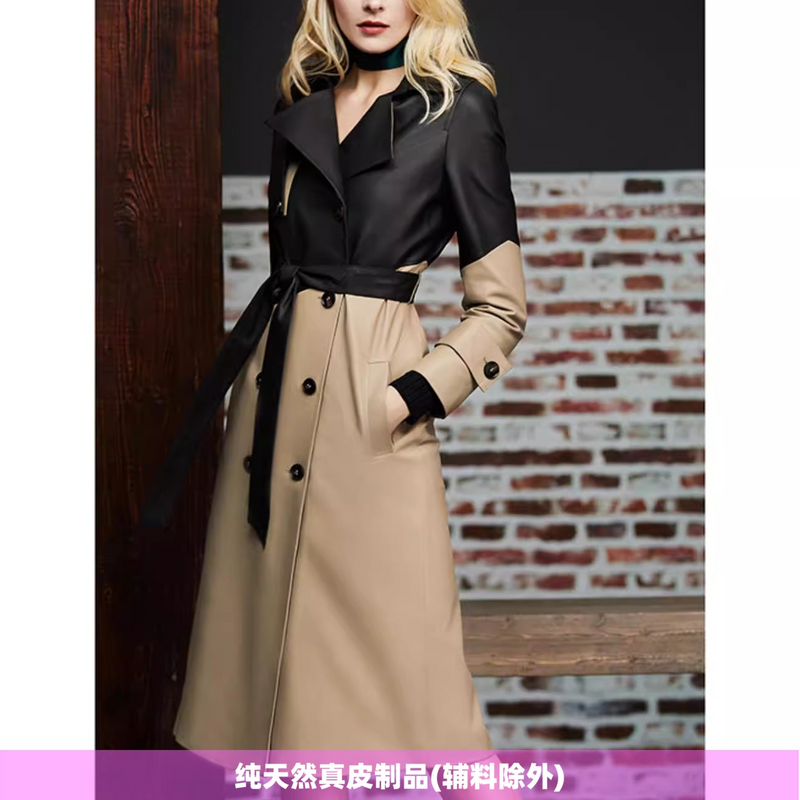 普洛克正品 A级绵羊皮秋冬撞色中长款女真皮皮衣时尚风衣外套