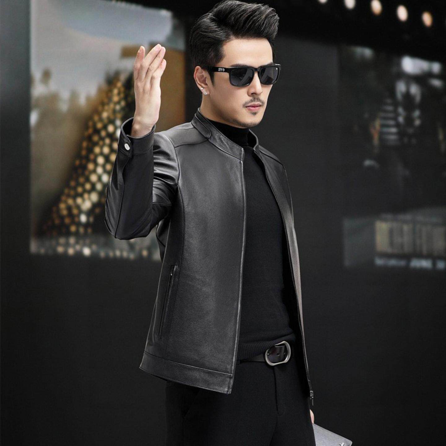 秋季新款海宁男士真皮皮衣薄款修身头层牛皮立领休闲夹克皮衣外套