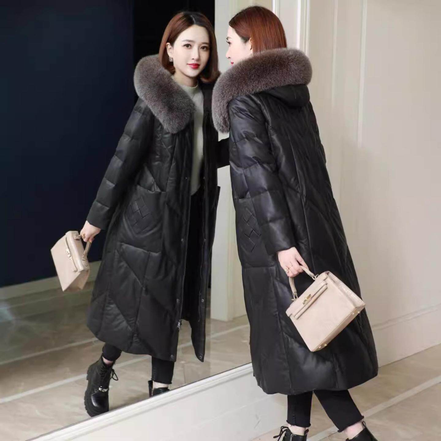 海宁真皮皮衣鸭绒羽绒服女中长款狐狸毛领绵羊皮皮草外套大码宽松