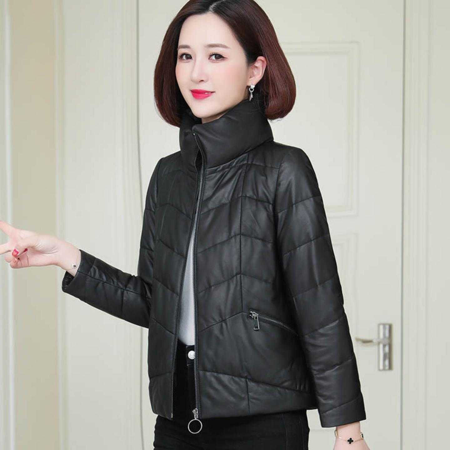 【普洛克】新款 真皮羽绒服女短款冬立领时尚显瘦大码皮衣绵羊皮