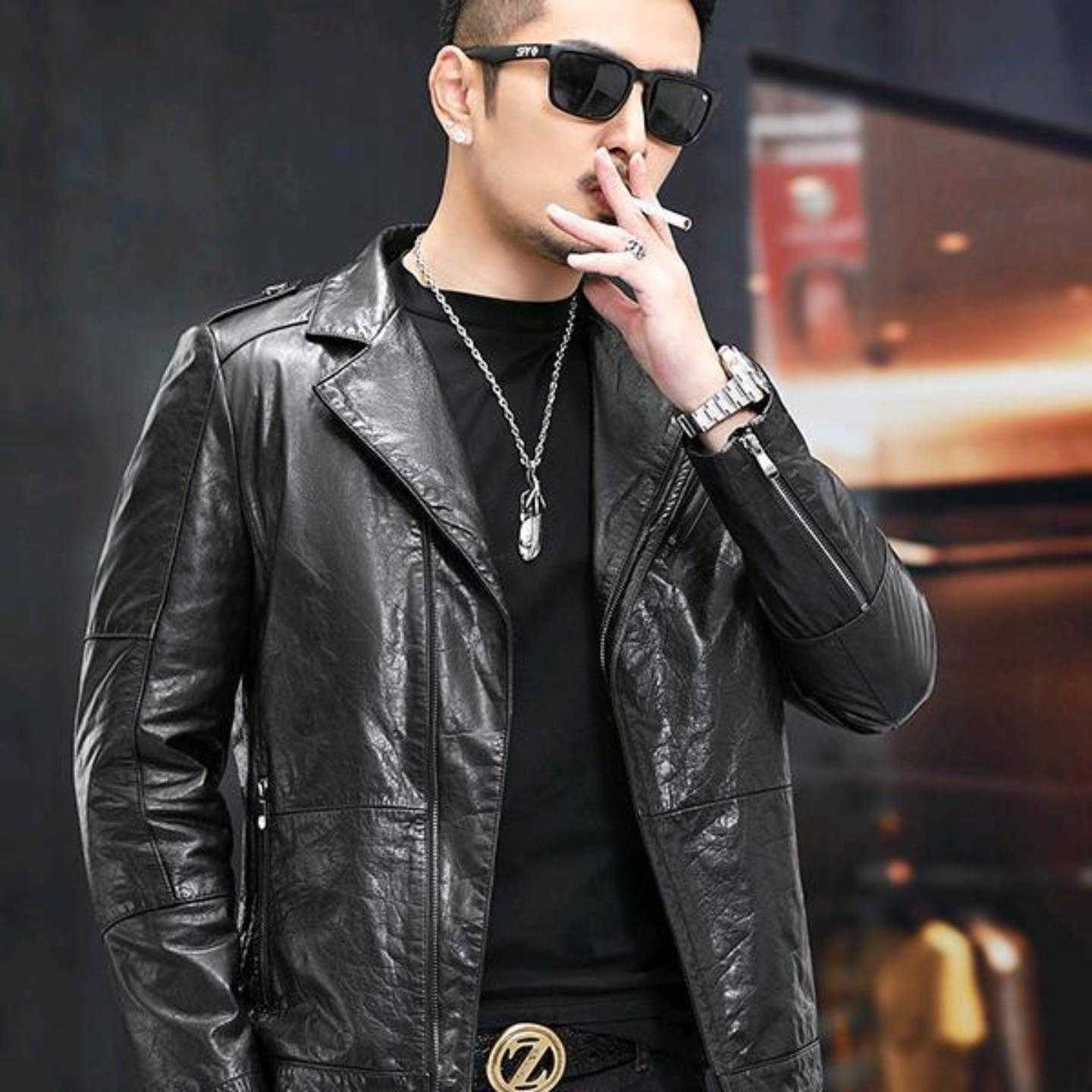 【普洛克】新款 秋头层牛皮真皮皮衣男士短款机车服时尚休闲皮夹