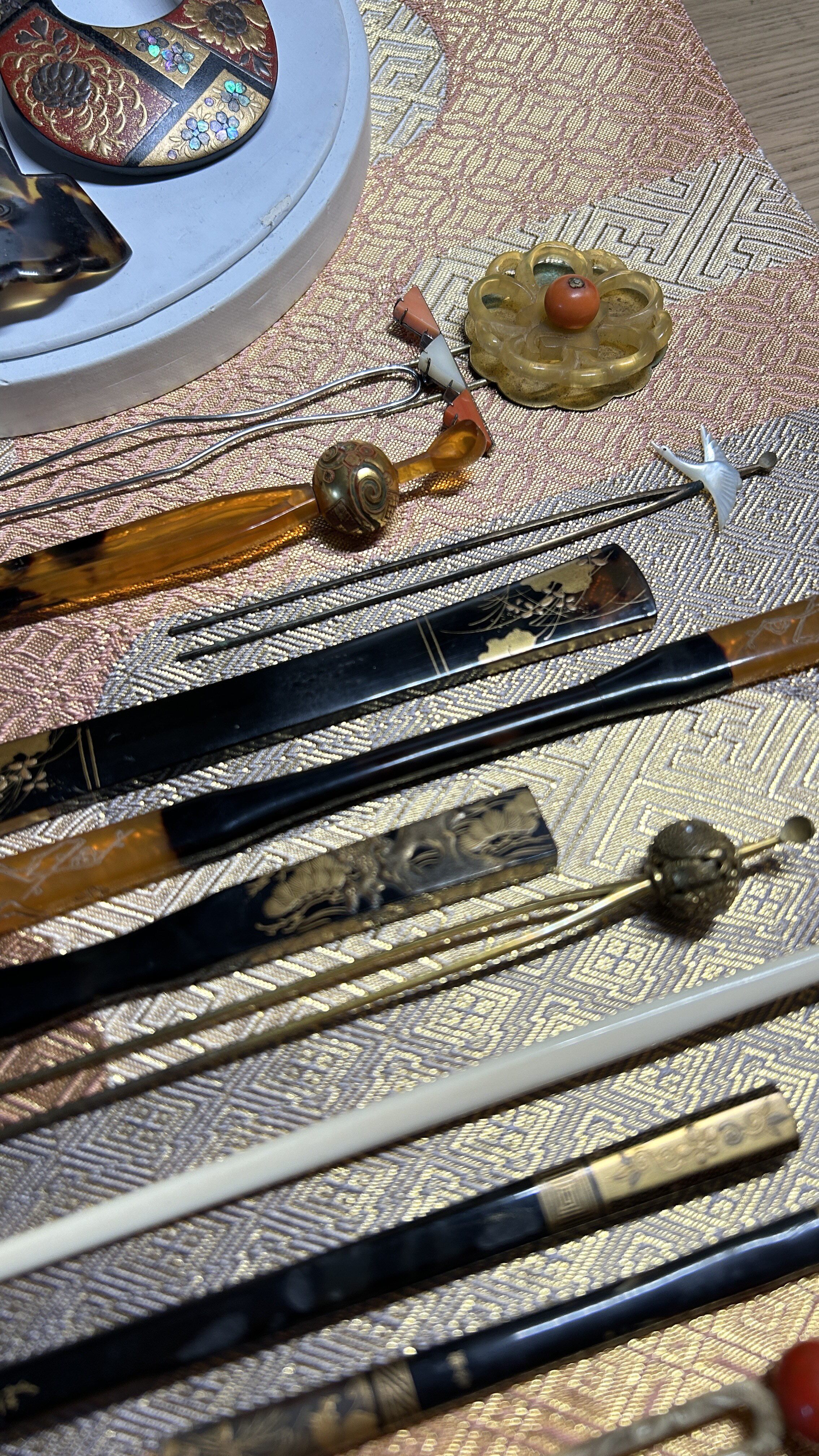 日本带回 vintage 螺钿雕金丸玉描金莳绘手绘 多宝镶嵌中古发簪
