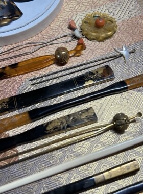 日本带回 vintage 螺钿雕金丸玉描金莳绘手绘 多宝镶嵌中古发簪