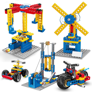 手动手摇机械齿轮拼装 儿童玩具 电梯积木秋千大风车小学生益智组装