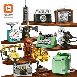 初级拼装积木复古家电器玩具儿童小汽车子模型房车快递车巴士校车