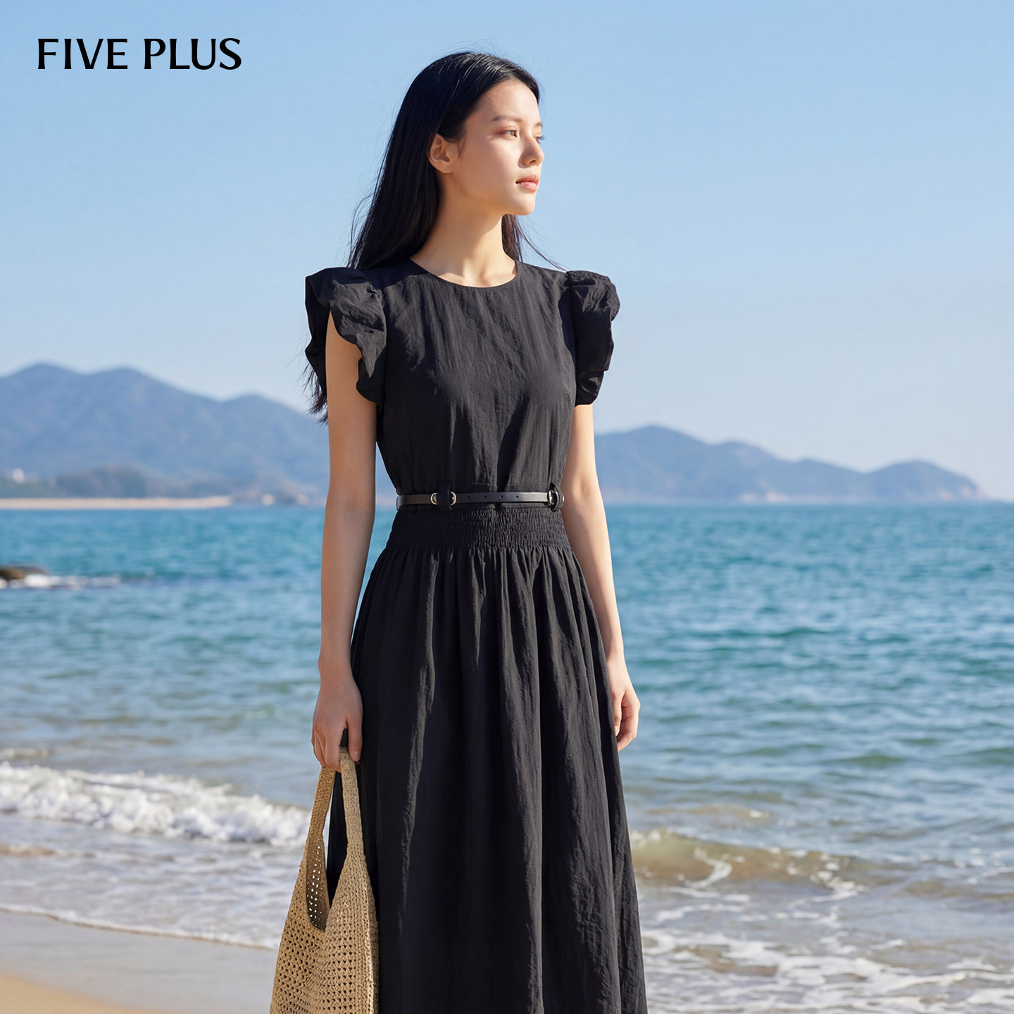 FIVE PLUS连衣裙复古泡泡袖A字修身收腰显瘦腰带连衣裙女夏装