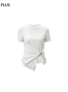 FIVE PLUS女夏装淡人系扭结圆领上衣蚕丝修身短袖女装