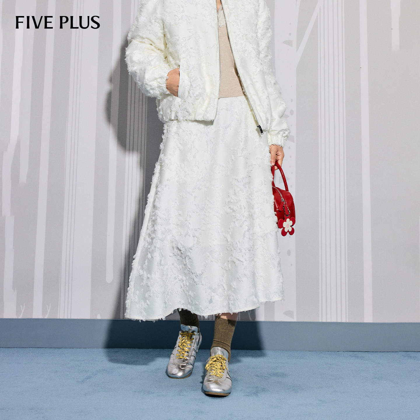 FIVE PLUS半身裙复古优雅浮雕提花毛边垂感伞裙2025新款女冬装,女装/女士精品,半身裙,淘宝优惠券,粉丝福利购,淘宝优惠卷