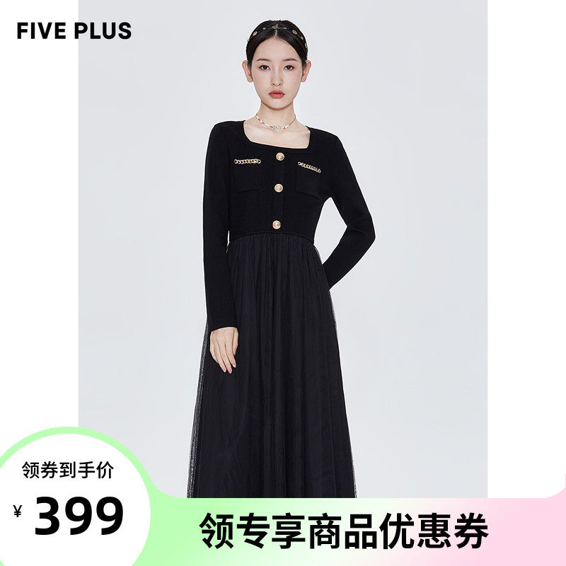 FIVE PLUS2021新款女秋装气质针织连衣裙女长袖小黑裙法式茶歇裙