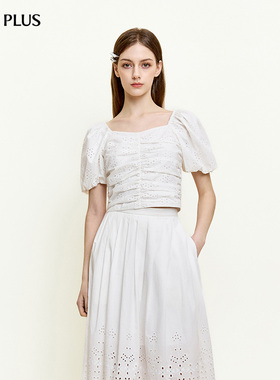 FIVE PLUS女夏装波嬉风短款泡泡袖上衣镂空雕花衬衫女装