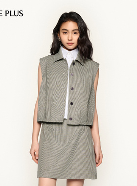 FIVE PLUS复古千鸟格纹马甲女通勤翻领短外套上衣2026新款女春装