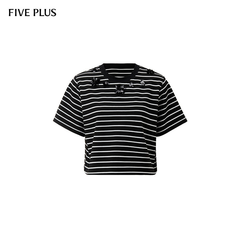 FIVE PLUS花朵珠片刺绣宽松圆领黑白条纹T恤上衣女夏装