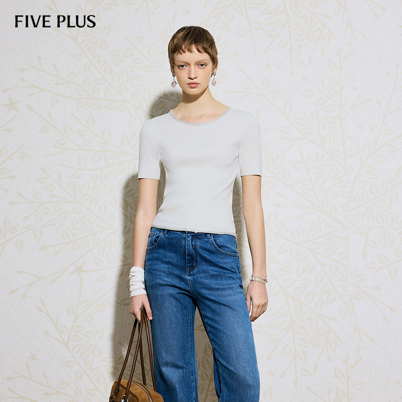FIVE PLUS手工钉珠银链镶边通勤款直筒女套头针织衫上衣26春新品