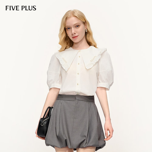 FIVE PLUS衬衫女少女感上衣娃娃领泡泡袖木耳减龄女夏装