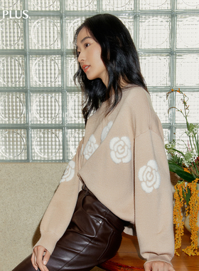 FIVE PLUS针织衫女复古款灯笼袖软糯花朵毛衣套头衫螺纹圆领高弹