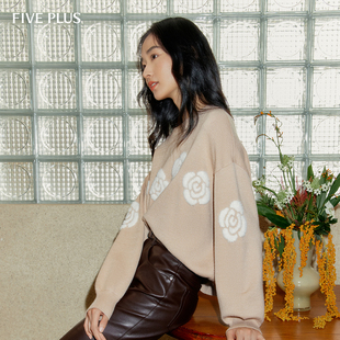 软糯花朵毛衣套头衫 FIVE 灯笼袖 女复古款 螺纹圆领高弹 PLUS针织衫