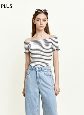 FIVE PLUS女春装航海风荷叶边不对称露肩条纹针织衫女装2026新款