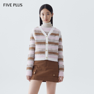 FIVE 条纹 PLUS美拉德羊毛针织马甲女仿水貂毛开衫