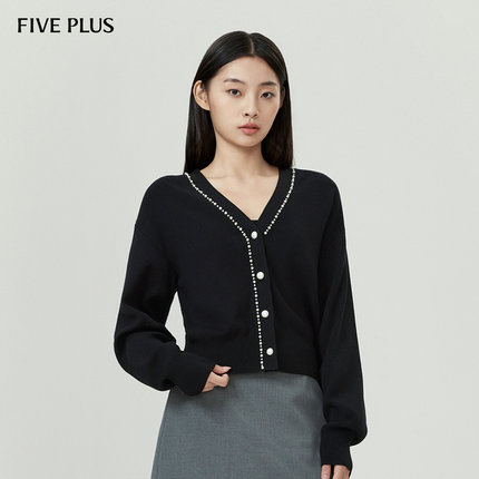 FIVE PLUS针织衫女气质优雅仿珍珠小香风V领开衫上衣修身