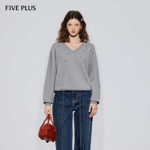 女春装 FIVE 2026新款 廓形内搭套头针织衫 PLUS毛织V领烫钻显瘦修身