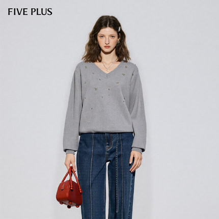 FIVE PLUS毛织V领烫钻显瘦修身廓形内搭套头针织衫2026新款女春装