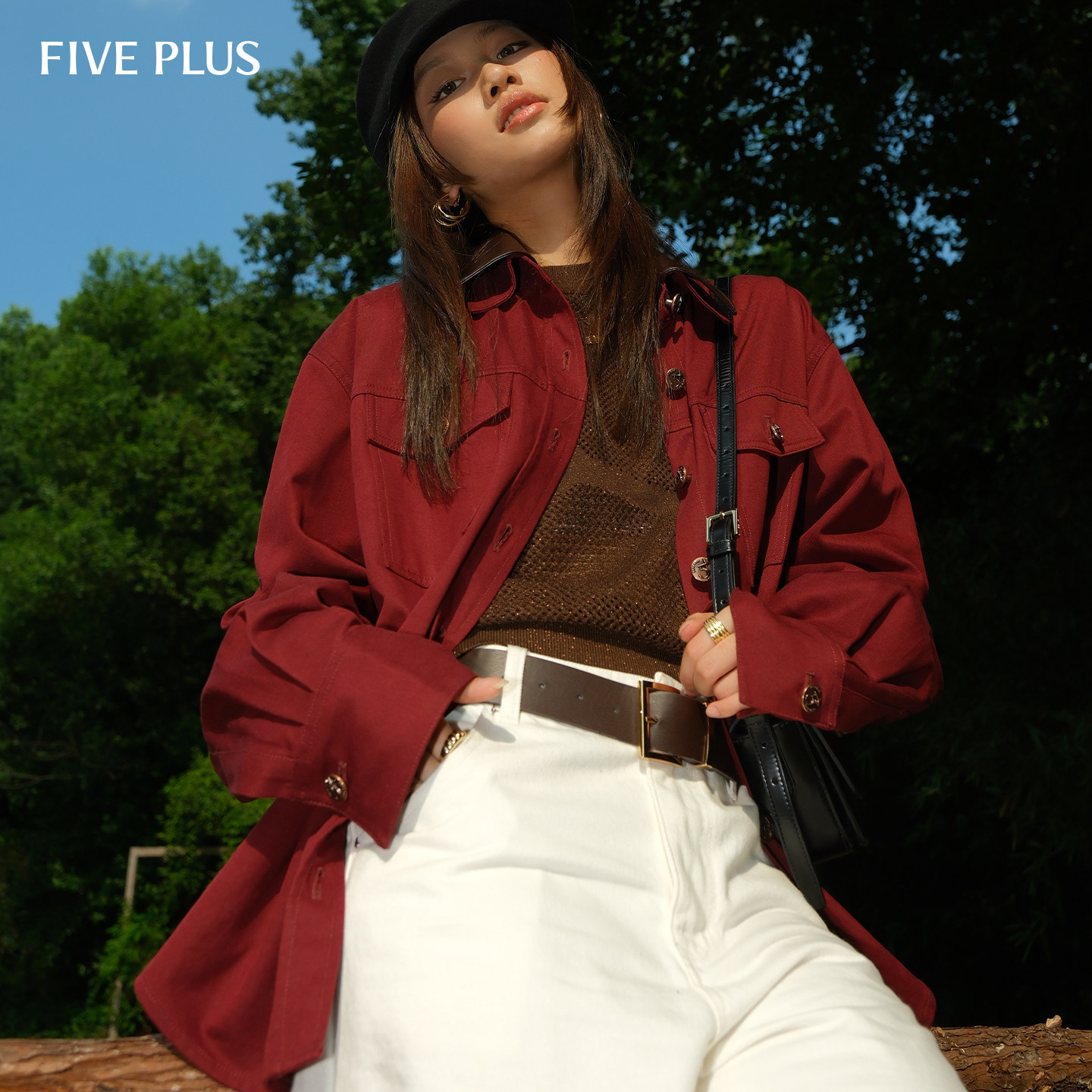 FIVE PLUS立体复古撞色皮革领口工装风长袖外套女26春新品,女装/女士精品,短外套,淘宝优惠券,粉丝福利购,淘宝优惠卷