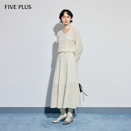 FIVE PLUS毛织温柔风挂脖飘带羊毛针织衫半裙套装2026新款女春装