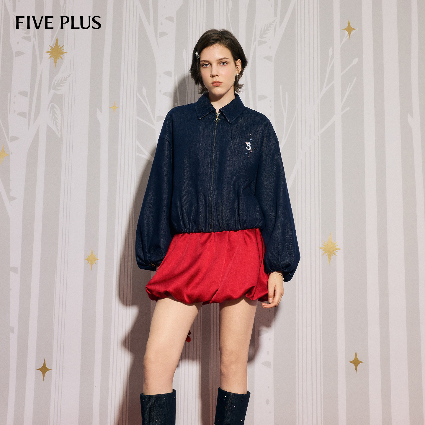 FIVE PLUS外套复古棉质烫钻灯笼袖莱赛尔牛仔外套2025新款女冬装,女装/女士精品,短外套,淘宝优惠券,粉丝福利购,淘宝优惠卷