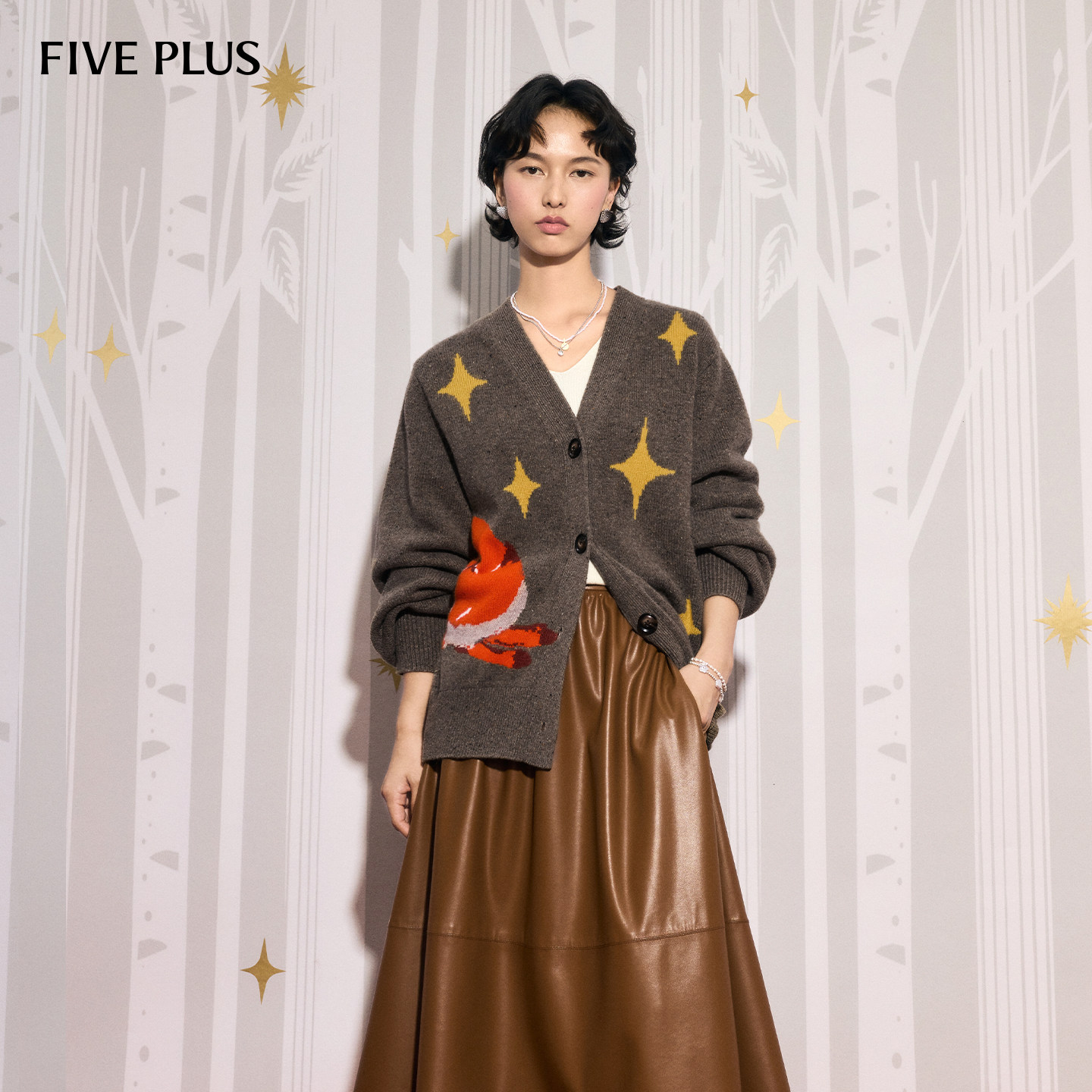 FIVE PLUS针织狐狸刺绣V领单排扣绵羊毛针织开衫2026新款女春装