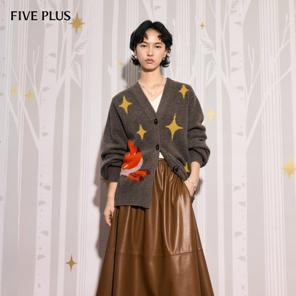 FIVE PLUS毛织狐狸刺绣V领单排扣绵羊毛针织开衫2026新款女春装