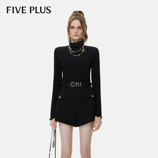 女夏装 FIVE 木耳边新款 T恤女上衣高领内搭打底针织衫 PLUS长袖