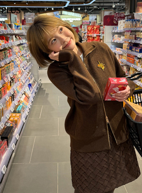 FIVE PLUS毛织美拉德翻领刺绣拉链百搭针织开衫2026新款女春装