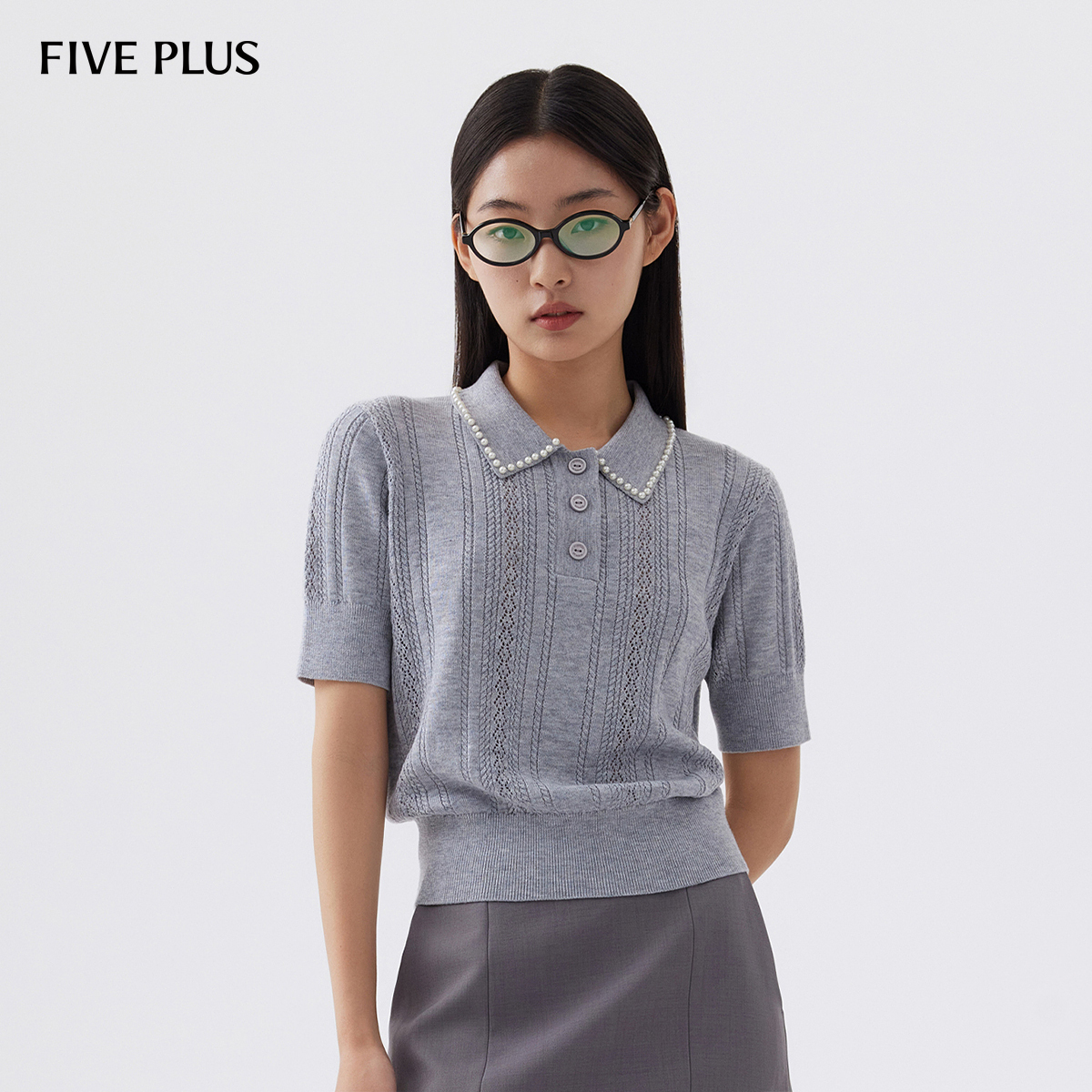 FIVEPLUSmiu系纽扣钉珠针织衫女
