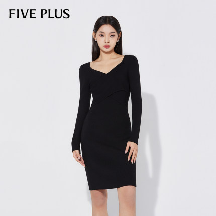 FIVE PLUS连衣裙女针织裙法式修身气质V领长袖收腰优雅春