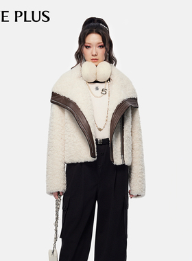 FIVE PLUS毛绒外套女上衣软糯保暖宽松短款拼PU皮2024新款女冬装