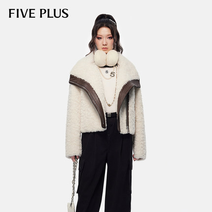 FIVE PLUS毛绒外套女上衣软糯保暖宽松短款拼PU皮女冬装
