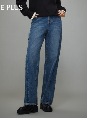FIVE PLUS纯棉直筒牛仔长裤女复古松弛感蓝色裤子
