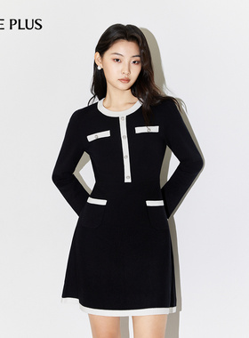 FIVE PLUS小香风连衣裙女优雅通勤高腰针织裙撞色圆领修身裙子