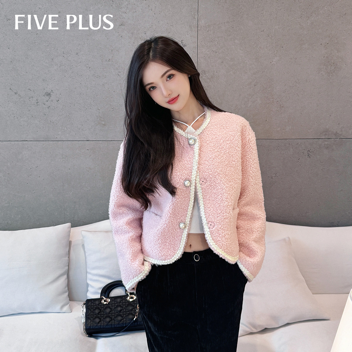FIVE PLUS100%羊毛小香风短款外套女颗粒绒保暖粉色上衣,女装/女士精品,短外套,淘宝优惠券,粉丝福利购,淘宝优惠卷