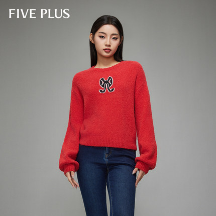 FIVE PLUS毛衣女针织衫灯笼袖软糯肌理感圆领上衣