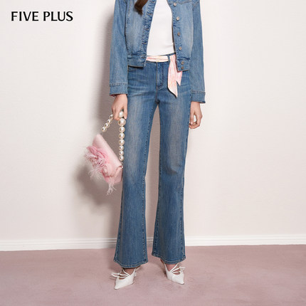FIVE PLUS裤子复古蓝丝巾腰带棉质显瘦微喇牛仔裤2026新款女春装