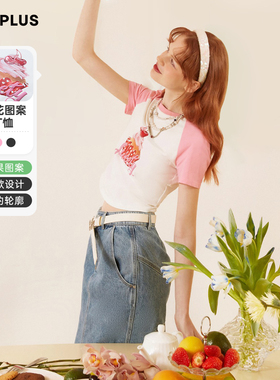 FIVE PLUST恤女小众短袖字母图案短款上衣圆领棉质2023新款女夏装