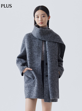 FIVE PLUS羊毛双面呢大衣女配围巾呢子外套通勤风